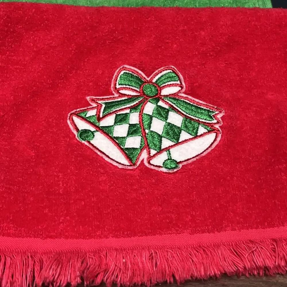 Vtg Christmas Hand Towels Embroidered Santa, Bells, Golden Crown & Cannon USA